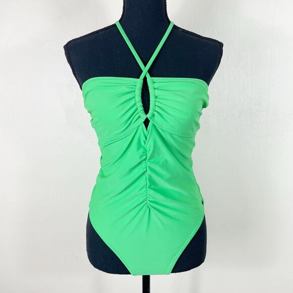 Scotch & Soda Bright Parakeet Ruched Front Halter Neck One Piece Swimsuit - Picture 2 of 13